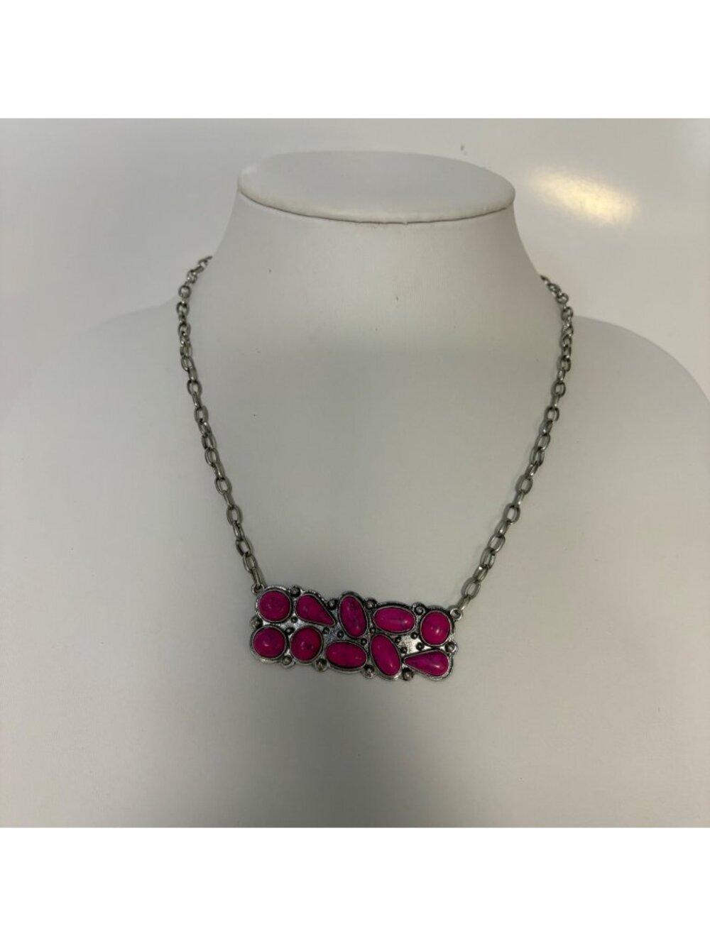 Pink Silver Tone Statement Necklace Costume Jewelry 16-19 inch